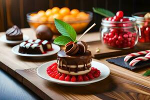 chocolate desserts on a table with fruit and candy. AI-Generated photo