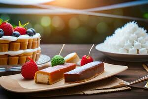 un postre mesa con varios postres y otro alimento. generado por ai foto