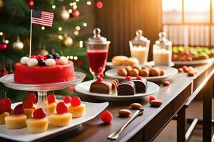 a table with desserts and a flag. AI-Generated photo