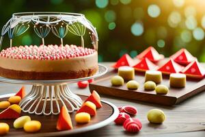 a cake with a glass dome on top and a bunch of candies. AI-Generated photo