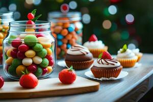 varios tipos de dulces en frascos en un mesa. generado por ai foto