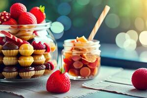 a glass jar filled with strawberries and other sweets. AI-Generated photo