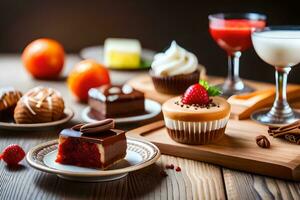 various desserts and drinks on a wooden table. AI-Generated photo