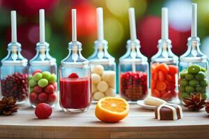 un mesa con varios botellas lleno con Fruta y caramelo. generado por ai foto