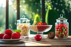 various types of candies and sweets are on a table. AI-Generated photo