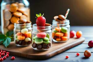 small jars with candies and strawberries on a wooden table. AI-Generated photo