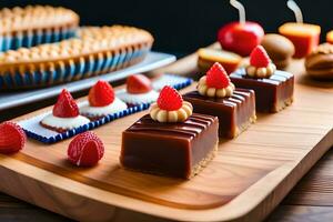 a wooden tray with various desserts on it. AI-Generated photo
