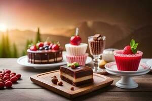 various desserts on a wooden table with mountains in the background. AI-Generated photo