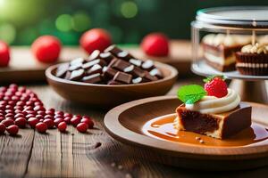 a dessert on a wooden table with strawberries and cherries. AI-Generated photo