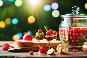 christmas dessert on wooden table with colorful lights. AI-Generated photo
