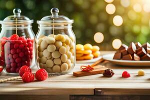 varios tipos de dulces y golosinas en vaso frascos. generado por ai foto