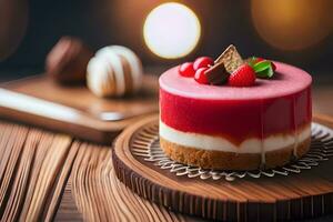 a dessert with a cherry on top on a wooden table. AI-Generated photo