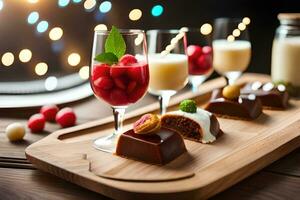 a wooden tray with various desserts and drinks. AI-Generated photo