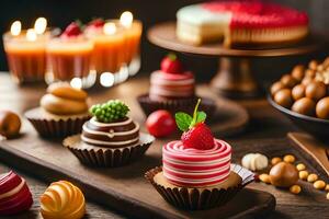 various types of cakes and desserts on a wooden table. AI-Generated photo