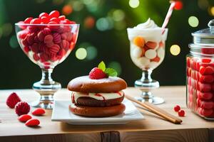 a dessert table with a hamburger, ice cream and other desserts. AI-Generated photo