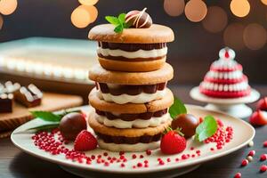 a stack of three christmas cookies with strawberries on top. AI-Generated photo