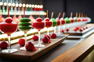 a long line of red and green desserts on a tray. AI-Generated photo
