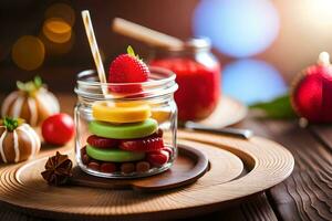 a glass jar with fruit and a spoon. AI-Generated photo