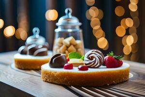 un postre con chocolate y fresas en un de madera mesa. generado por ai foto