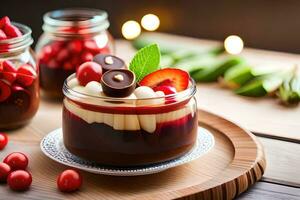 chocolate mousse in glass jar with berries and mint. AI-Generated photo