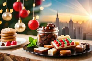 christmas cookies and candies on a plate with a cityscape in the background. AI-Generated photo