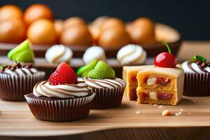 chocolate cupcakes with strawberries and cherries on a wooden table. AI-Generated photo