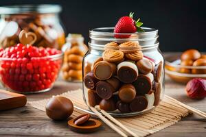 a jar filled with chocolate and candies on a table. AI-Generated photo