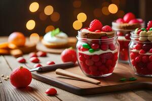 three jars with strawberries and cream on a wooden table. AI-Generated photo