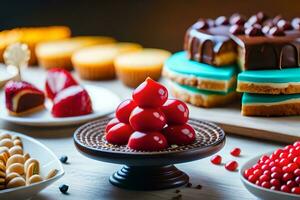a table with various desserts and cakes. AI-Generated photo