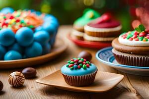 colorful cupcakes and other sweets on a table. AI-Generated photo