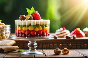 a colorful cake with fruit and nuts on a wooden table. AI-Generated photo