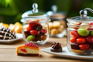 various types of desserts in glass jars. AI-Generated photo