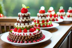 un grande pastel con fresas y chocolate en él. generado por ai foto