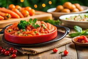 un cuenco de zanahorias y vegetales en un mesa. generado por ai foto