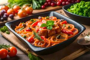 a bowl of pasta with vegetables and tomatoes. AI-Generated photo