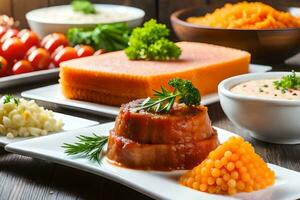 various types of meat and vegetables on white plates. AI-Generated photo