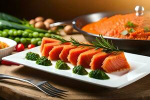 salmon with vegetables and sauce on a plate. AI-Generated photo