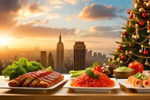 christmas dinner with a view of the city. AI-Generated photo