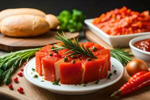 a plate of food with tomatoes, bread and other ingredients. AI-Generated photo