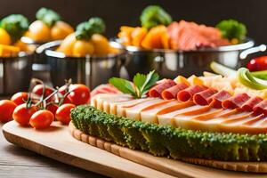 a platter of meat, cheese and vegetables on a wooden cutting board. AI-Generated photo