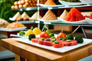 a buffet with various types of food on display. AI-Generated photo
