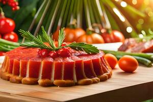 a large piece of meat with tomatoes and herbs. AI-Generated photo