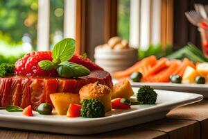 un plato de comida con vegetales y Fruta en él. generado por ai foto