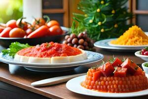 un mesa con varios tipos de comida en él. generado por ai foto