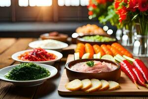 a table with various types of food on it. AI-Generated photo