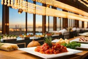 un restaurante con un ver de el ciudad y comida en el mesa. generado por ai foto