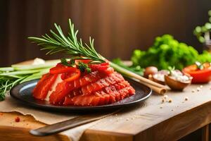 a plate of sliced red meat on a wooden table. AI-Generated photo