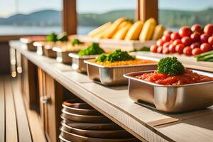 buffet on a boat with food in bowls. AI-Generated photo