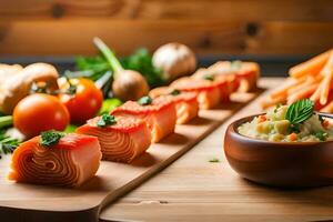 salmón y vegetales en un de madera corte tablero. generado por ai foto