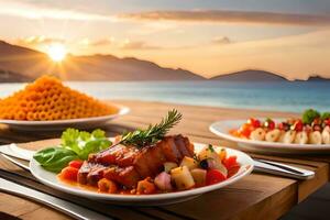 two plates of food with pasta and vegetables on a table with a sunset in the background. AI-Generated photo